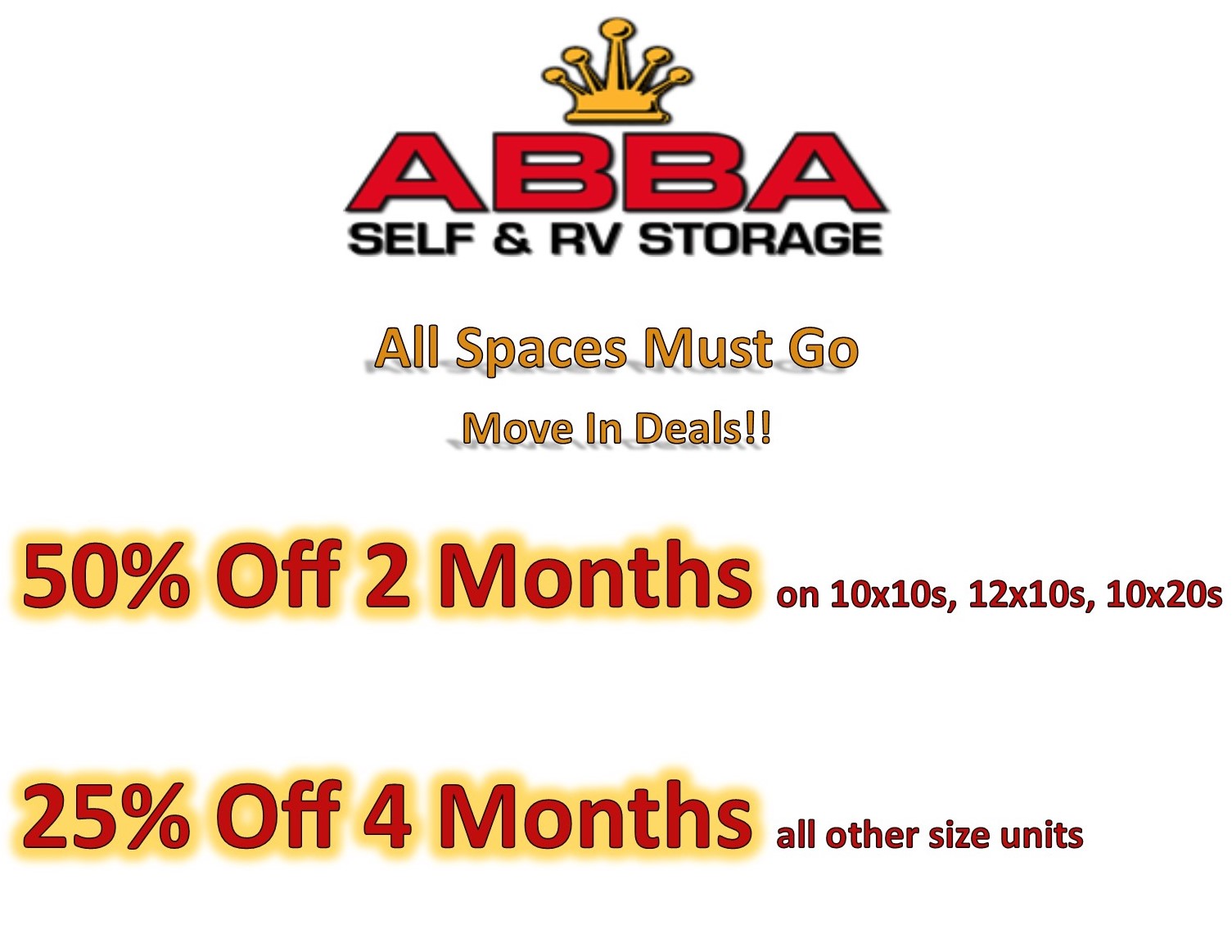 ABBA Self Storage- 50% Off 2 Months For Self Storage Units