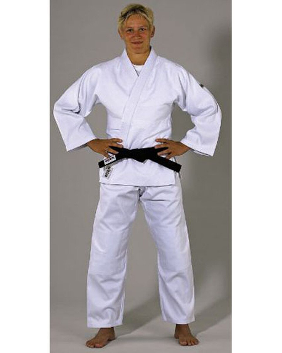A single weave, medium weight, bleached white Judo uniform of exceptional quality and value.