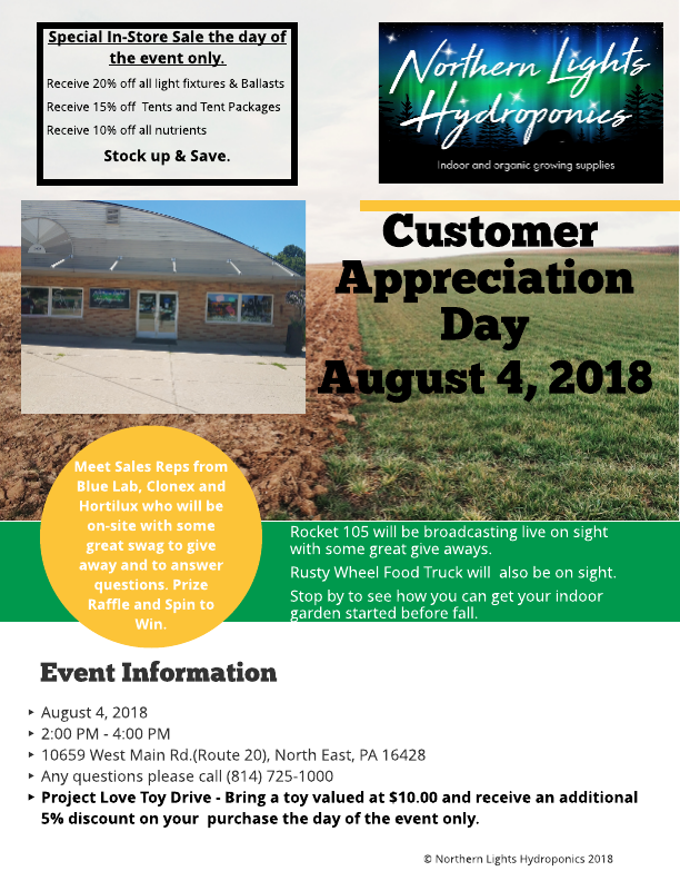 Northern Lights Hydroponics Customer Appreciation Day, August 4, 2018