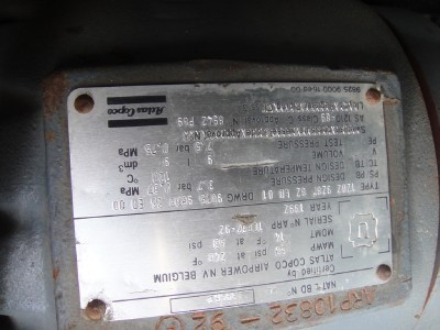 ATLAS COPCO AIR COMPRESSOR, YEAR 1992, SERIAL 10832-92, 38506 HOURS, 60HP