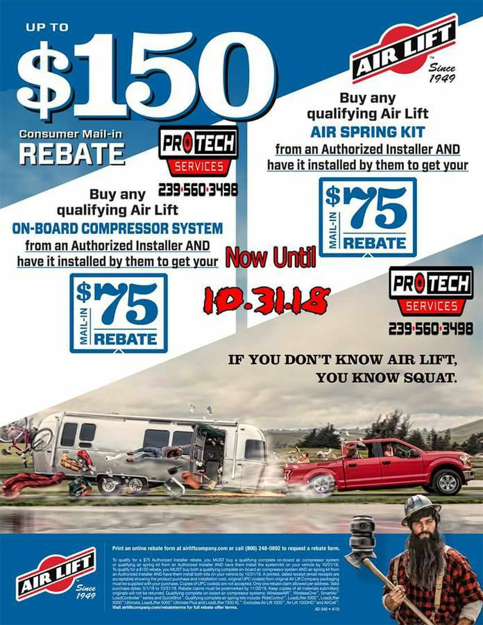air lift rebat sale for load control and on board compressor kits