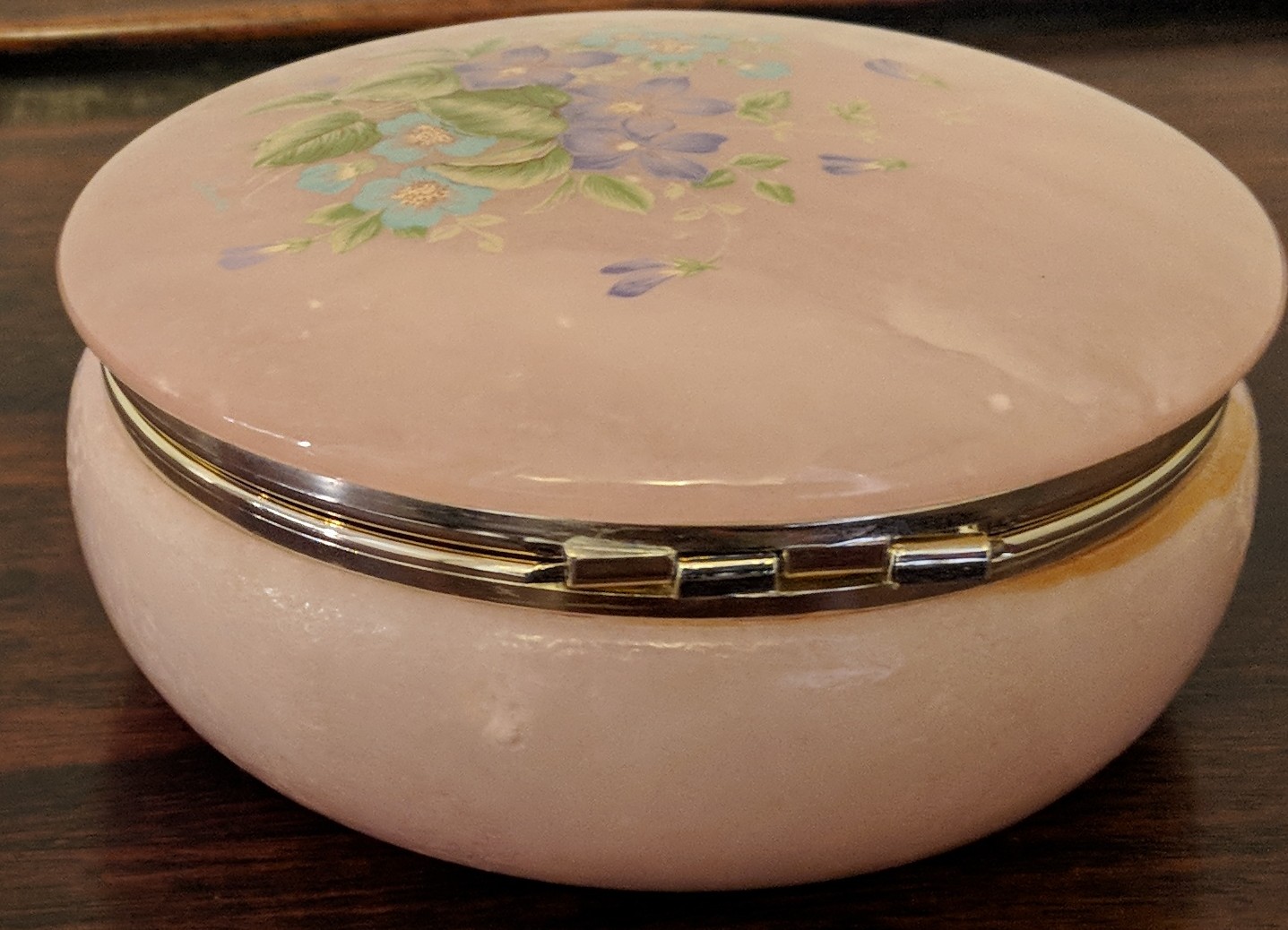 Vintage Round Pink Alabaster Trinket Box