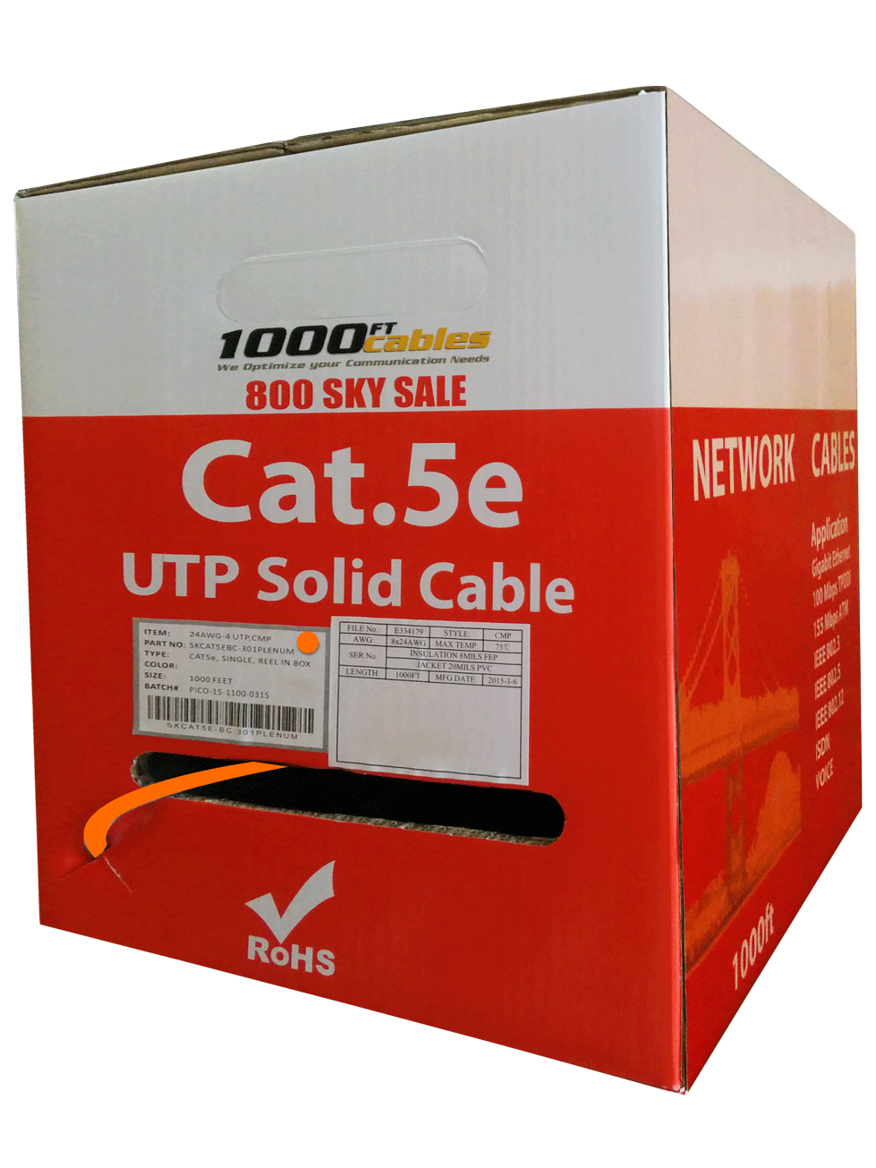 Cat5e Plenum Cable 1000FT Solid UTP With Free Shipping