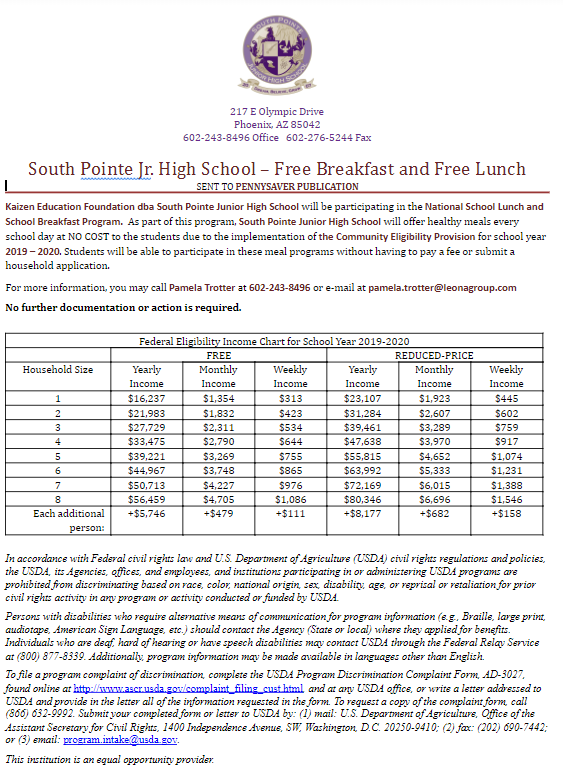 South Pointe Jr. High School offers Free Breakfast and Free Lunch!