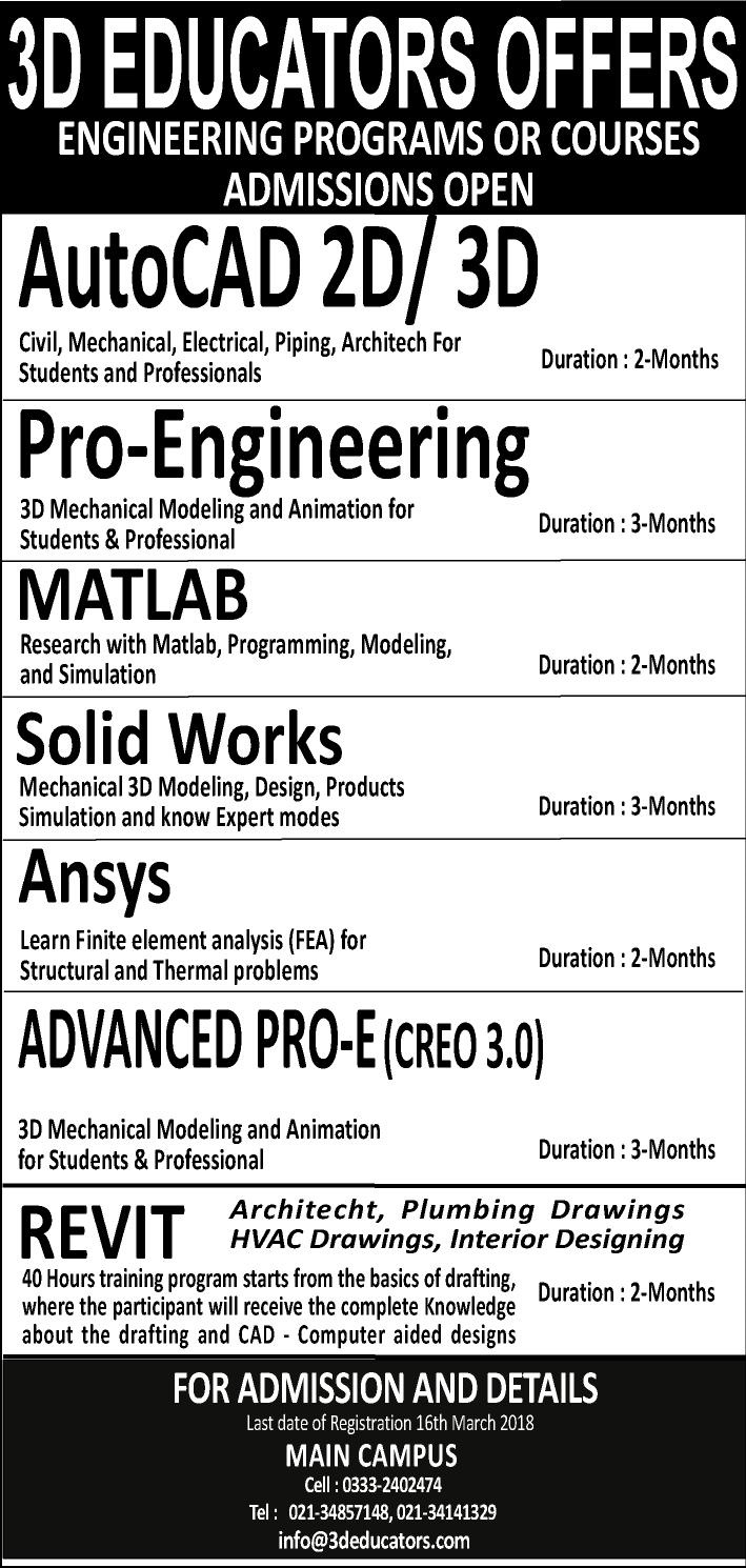 Engineering programs or courses offerd by 3D Educators Admissions open
