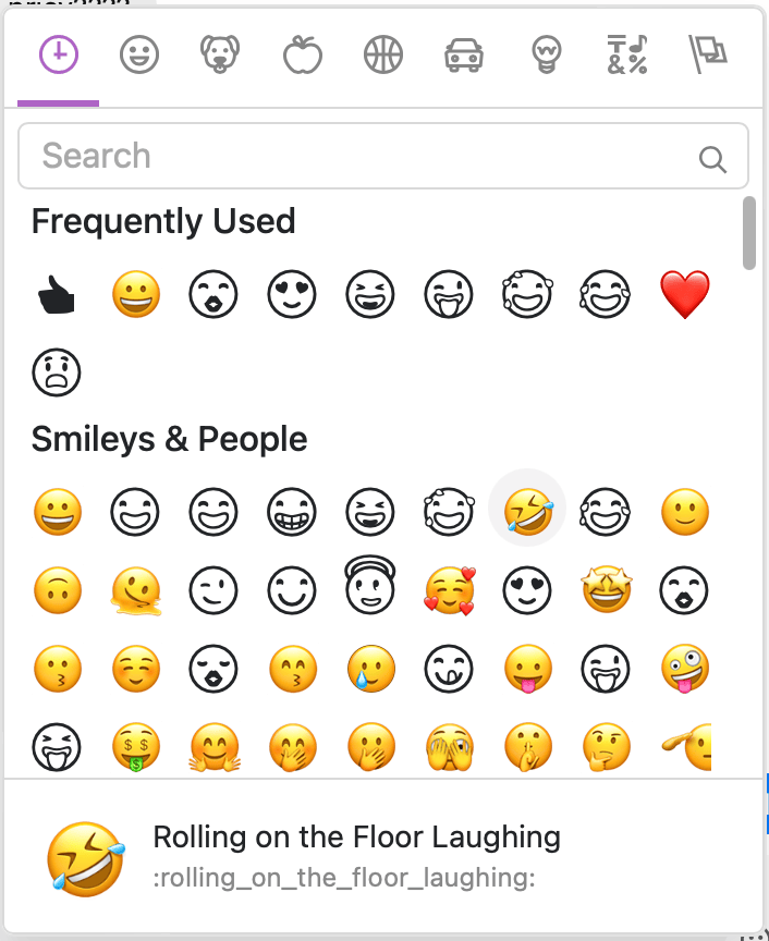 Screenshot of a reaction-emoji-picker like you'd see in most chat apps, but a random subset of the emoji are rendered as unsettling black-and-white line drawings instead of full-color pictures.