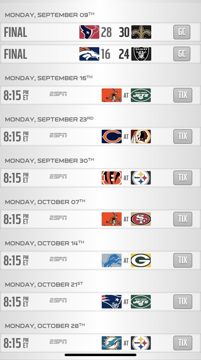 Here’s the MNF Football schedule for weeks 18. ESPN is probably