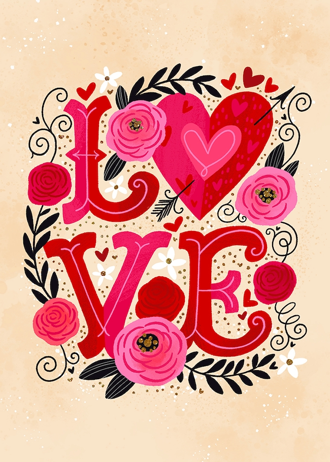 Valentine's day card with flowers and arrows on a beige background.