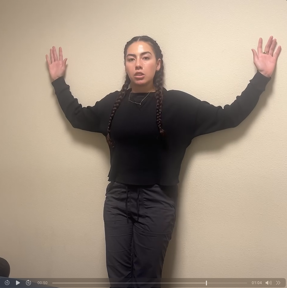 a woman with braids standing in front of a wall
