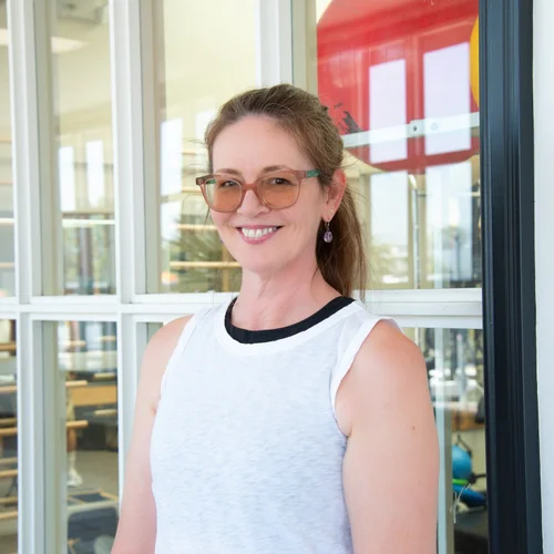 a woman in a white shirt