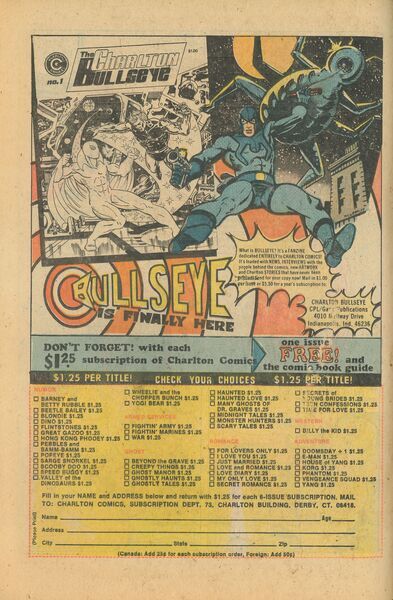 Advertisement: “Bullseye is finally here.” E-Man #9 (July 1975). Charlton Publications. 