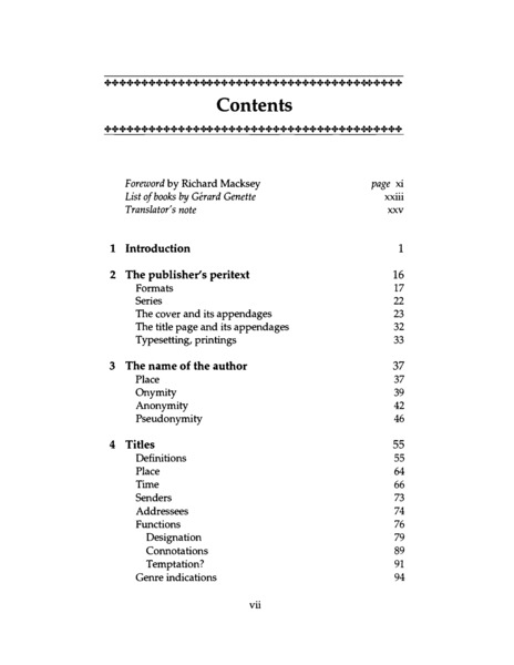 Contents from Gérard Genette’s Paratexts: Thresholds of interpretation.