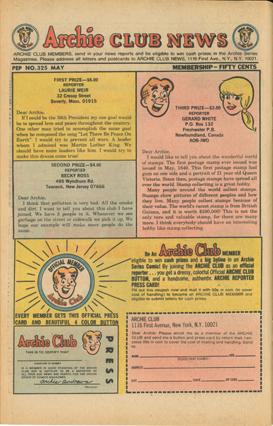 Publisher’s peritext: “Archie Club News.” Pep #325 (May 1977). Archie Comics. 