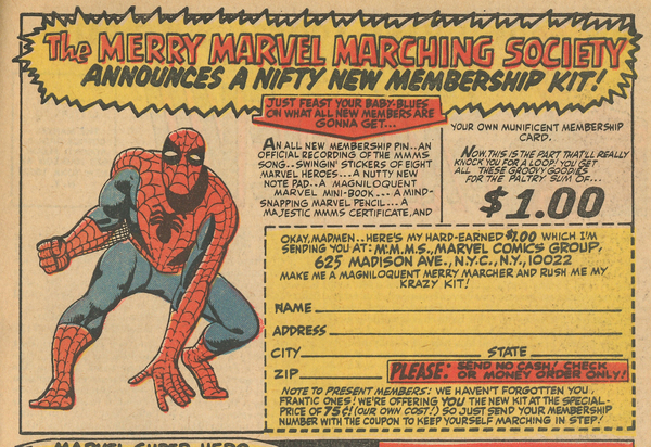 Advertisement: “Merry Marvel Marching Society.” Daredevil #36 (January 1968). Marvel Comics. 