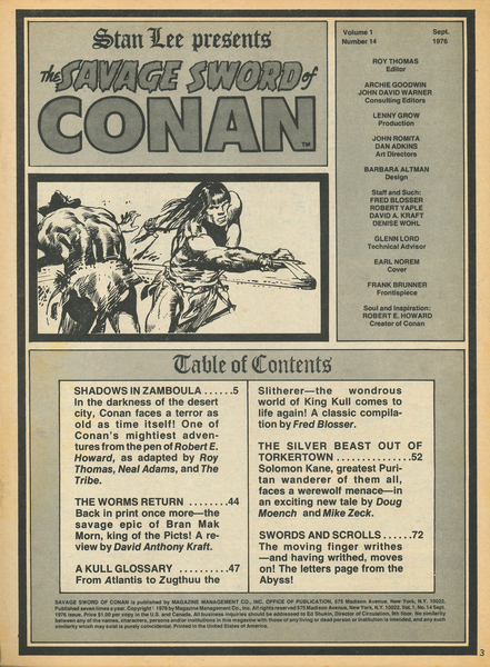 Table of contents: Table of Contents. Savage Sword of Conan #14 (September 1976). Marvel Comics. 