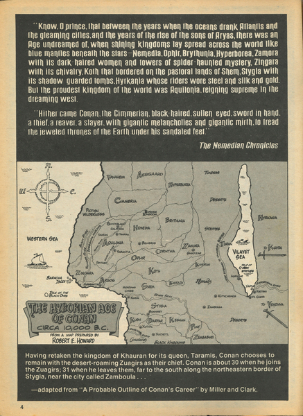 Documentary paratext: “The Hyperborian Age of Conan Circa 10,000 B.C.: From a map prepared by Robert E. Howard.” Savage Sword of Conan #14 (September 1976). Marvel Comics. 