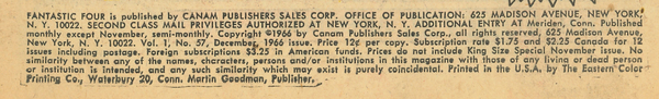 Publisher’s peritext: Indicia. Fantastic Four #54 (December 1966). Marvel Comics. 