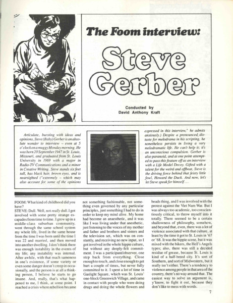Public authorial epitext: “The Foom Interview: Steve Gerber.” Foom #15 (September 1975). Marvel Comics. 