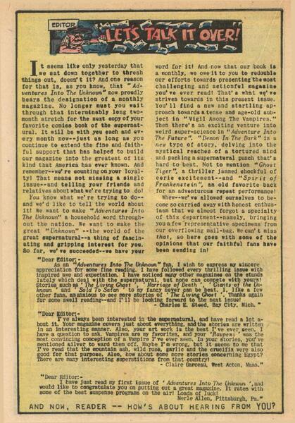 Publisher’s peritext;correspondence: “Let’s Talk It Over.” Adventures into the Unknown #16 (February 1951). American Comics Group ACG. 