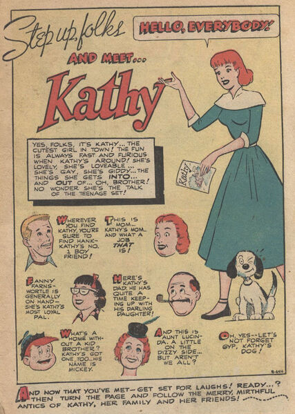 Preface: "Step up folks and meet... Kathy." Kathy #1 (September 1949). Standard Comics. 