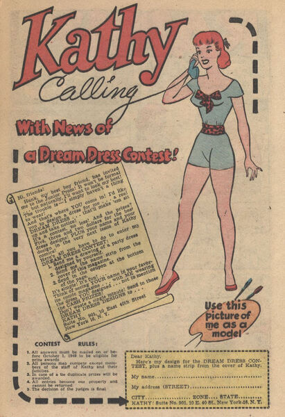 Solicitation: "Kathy Calling with news of a Dream Dress Contest!" Kathy #1 (September 1949). Standard Comics. 