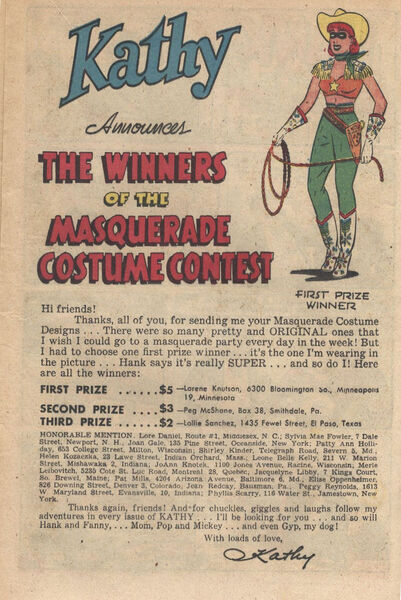 Documentary paratext: "Kathy Announces the Winners of the Masquerafe Costume Contest" Kathy #3 (April 1950). Standard Comics. 