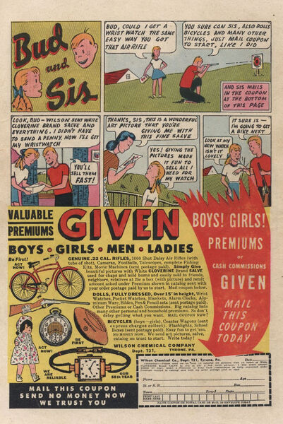 Advertisement: "Valuable Premiums Given" Kathy #3 (April 1950). Standard Comics. 