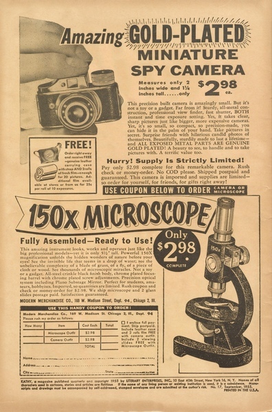 Advertisement: "Amazing GOLD-PLATED Miniature Spy Camera." Kathy #17 (September 1955). Standard Comics 