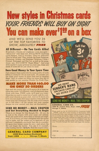 Advertisement: "New styles in Christmas cards." Kathy #17 (September 1955). Standard Comics 