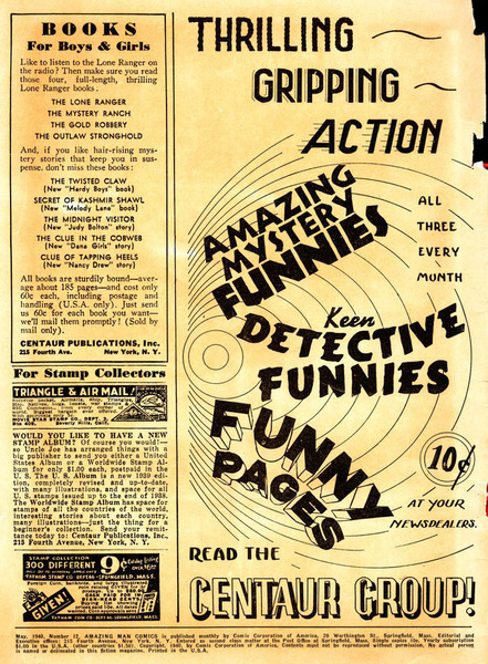 Publisher’s peritext: "Thrilling Gripping Action..." Amazing Man #12 (May 1940). Centaur Publishing. 