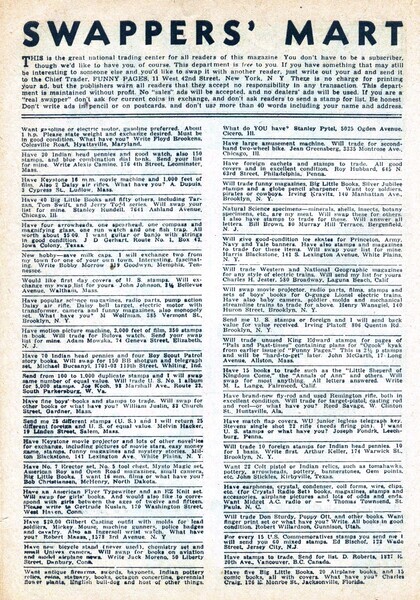Advertisement: "Swapper's Mart." Funny Pages v1 #10 (April 1937). Centaur Publishing. 