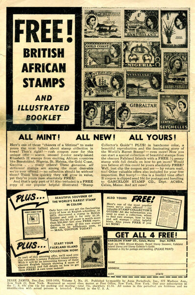 Advertisement: “Free! British African Stamps.” Jesse James #25 (January 1956). Avon Comics.  