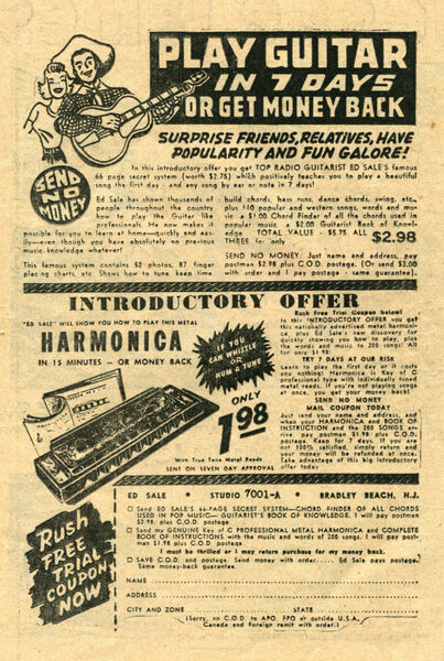 Advertisement: “Play Guitar in Seven Days or Get Money Back.” Jesse James #25 (January 1956). Avon Comics. 