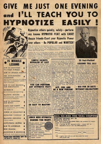 Advertisement: “Give Me Just One Evening and I’ll Teach You to Hypnotize Easily.” Plastic Man #11 (1963). Super Comics. 