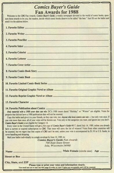 Solicitation: “Comics Buyer’s Guide Fan Awards for 1988.” Legend of Aquaman #1 (May 1989). DC Comics. 