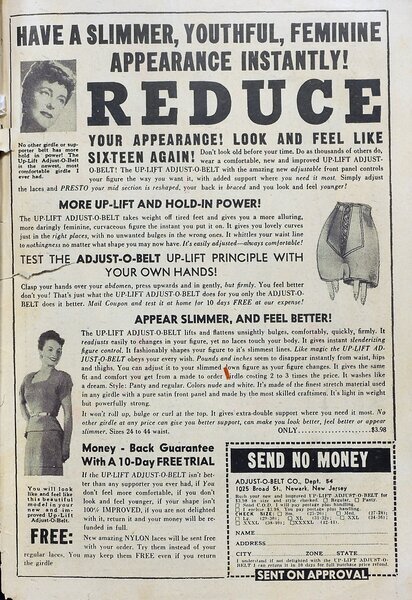 Advertisement: “Have a Slimmer, Youthful, Feminine Appearance Instantly!” My Love Story #2 (November 1949). Fox Feature Syndicate. 