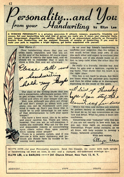 Correspondence: “Personality… and You.” Darling Romance #1 (September 1949). Archie Comics.  