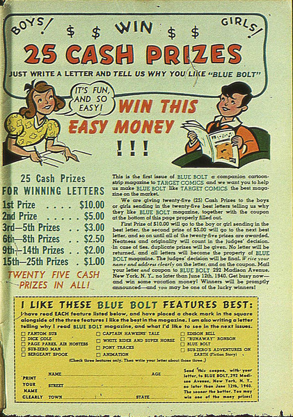 Solicitation: Blue Bolt #1 (June 1940). Novelty Press, Inc. 