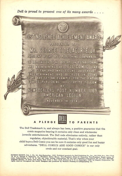 Publisher’s peritext: “Dell is proud to present one of its many awards…” Howdy Doody #34 (July 1955). Dell Comics. 