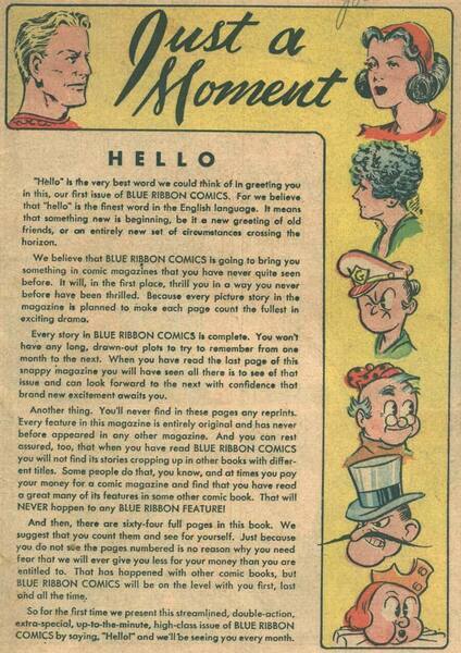 Preface: “Just a Moment.” Blue Ribbon Comics #1 (November 1939). M. L. J. Magazines. 