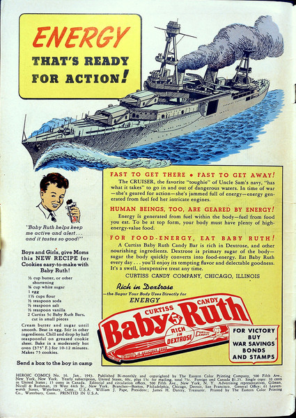 Advertisement: "Energy that's ready for action." Heroic Comics #16 (January 1943). Eastern Color. 