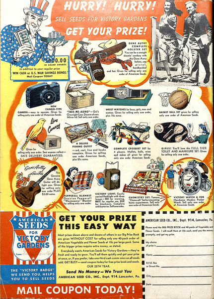 Advertisement: "Sell seeds for victory gardens." Heroic Comics #17 (March 1943). Eastern Color. 