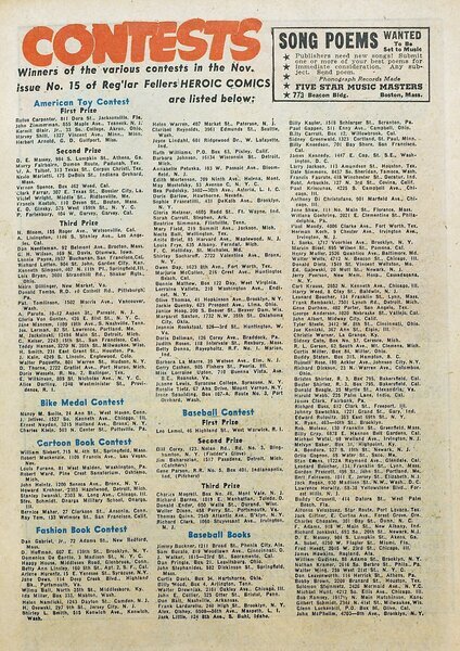 Documentary paratext: "Contests..." Heroic Comics #18 (May 1943). Eastern Color. 