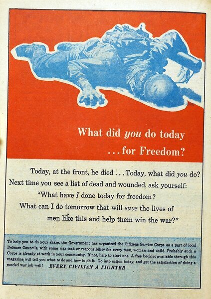 Advertisement: "What did you do today... for Freedom?" Heroic Comics #18 (May 1943). Eastern Color. 