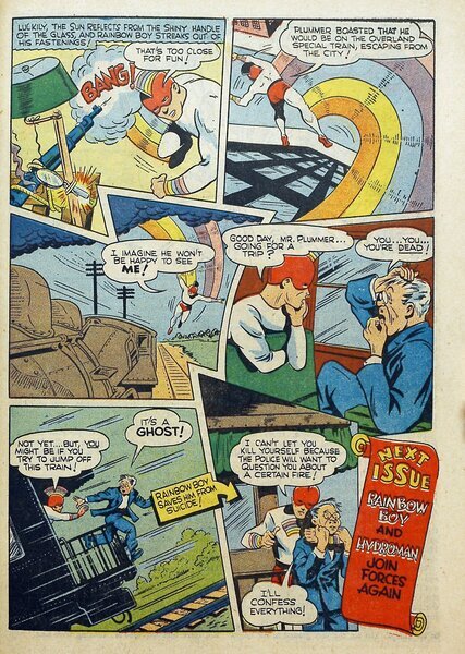 Note: "Next Issue: Rainbow Boy and Hydroman..." Heroic Comics #18 (May 1943). Eastern Color. Full page.