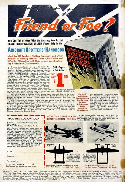 Advertisement: "Friend or Foe?" Heroic Comics #20 (September 1943). Eastern Color. 