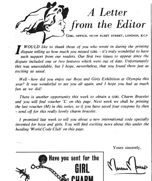 Editorial: “A Letter from the Editor.” Girl vol. 8 #26 (August 1959). Hulton Press. 