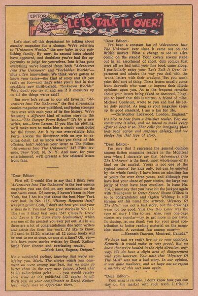 Correspondence: “Let’s Talk it Over!” Adventures into the Unknown #120 (October 1960). American Comics Group. 