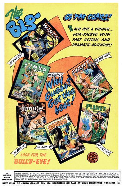 Publisher’s peritext: Jumbo Comics #105 (November 1947). Fiction House. 