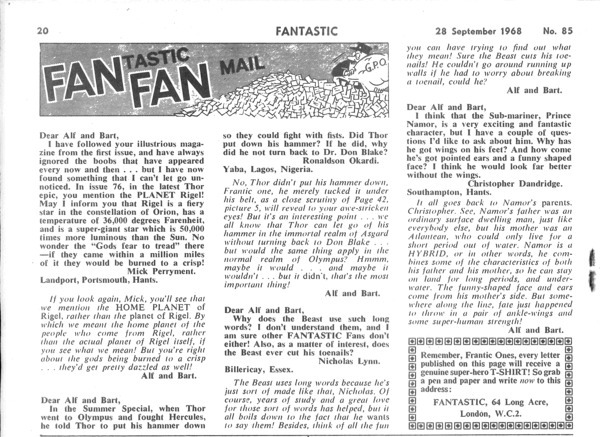Correspondence: Fantastic! #85 (28 September 1968).  